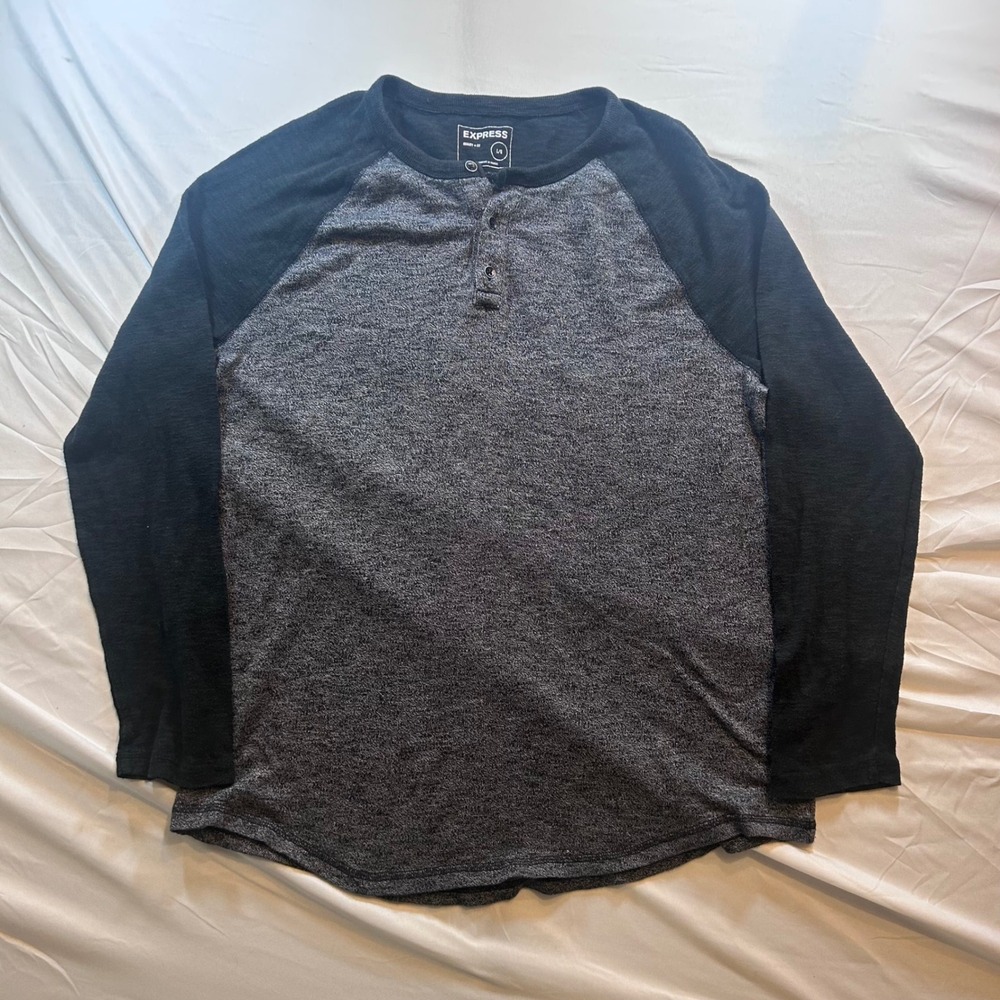 Express Mens Raglan Henley Shirt Gray Black Marled Long Sleeve Size L